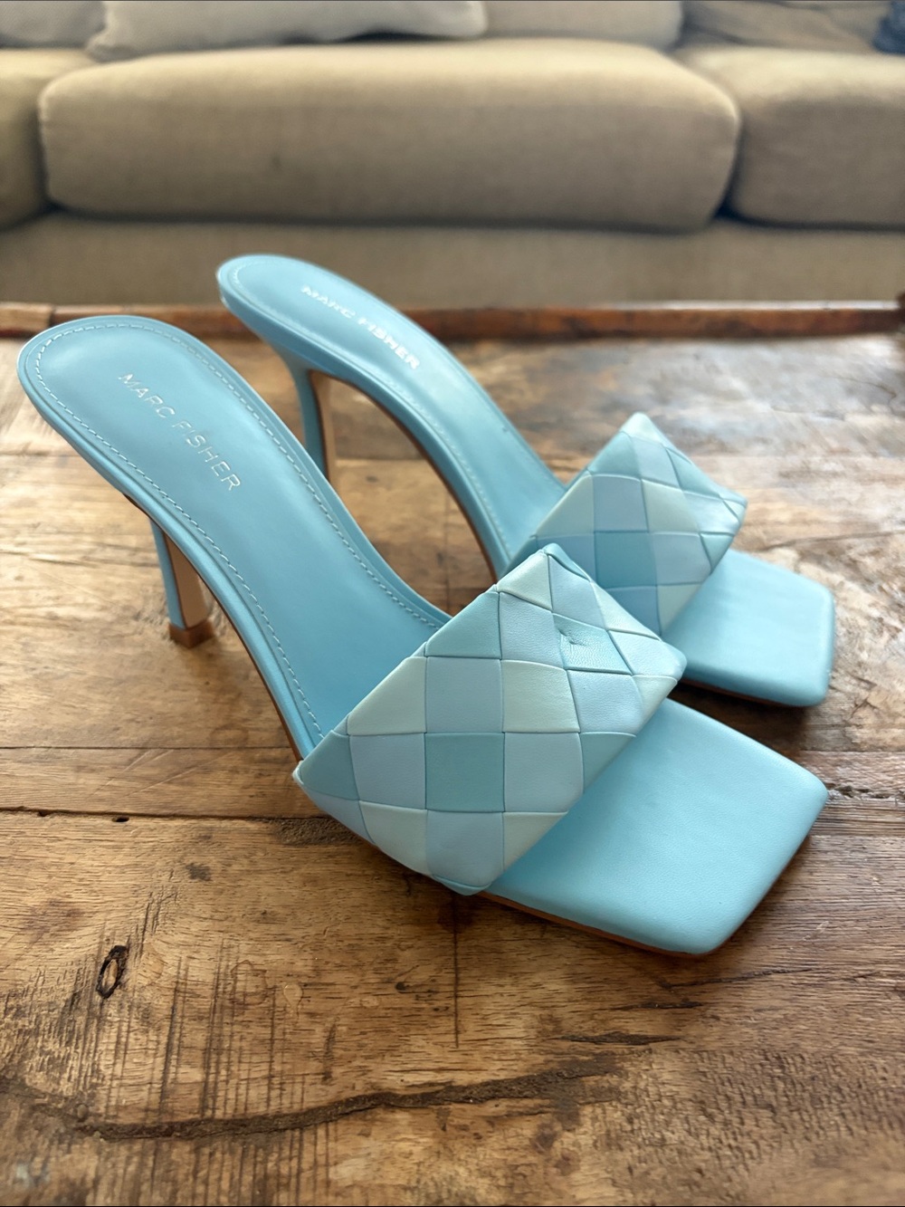 Marc Fisher Darasa Pastel Blue Woven Strap Mule Heels